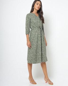 printed a-line dress with drawstring waist