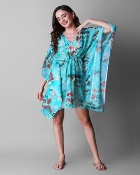 printed a-line dress with kimono sleeves