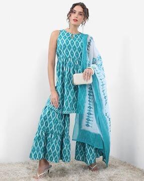 printed a-line kurta & sharara set with dupatta