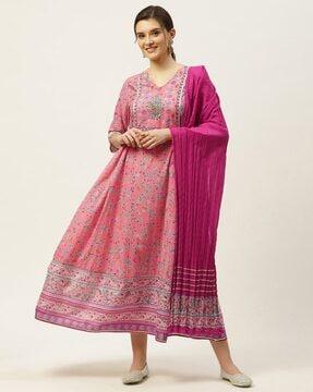 printed a-line kurta with dupatta