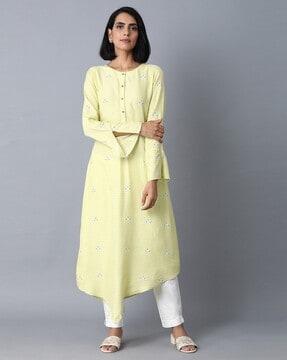 printed a-line kurta with handkerchief hemline