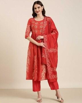 printed a-line kurta with pants & dupatta