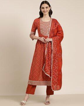 printed a-line kurta with pants & dupatta