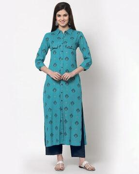 printed a-line kurta with roll-up sleeves