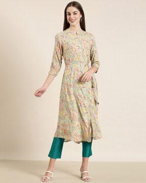 printed a-line kurta with waist tie-up