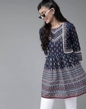 printed a-line kurti with lace trims