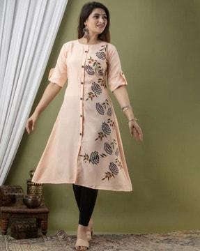 printed a-line kurti with roll-up sleeves