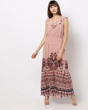 printed a-line maxi dress with ruffled overlay