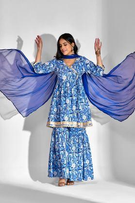 printed above knee cotton woven women's kurta set - blue