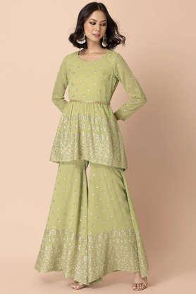 printed above knee georgette woven  women's kurta palazzo set - green