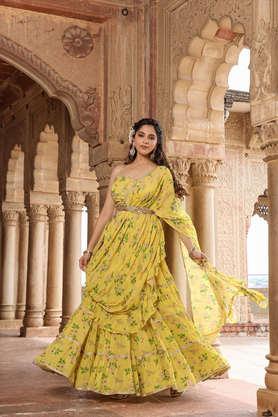 printed above knee georgette woven women's ready to wear drape saree with belt - lemon