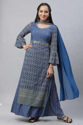 printed above knee polyester woven women's kurta set - blue