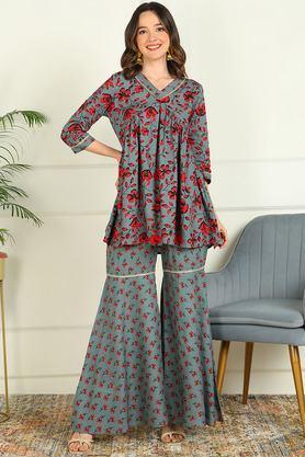 printed above knee rayon woven women's kurta set - red