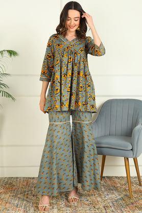 printed above knee rayon woven women's kurta set - yellow