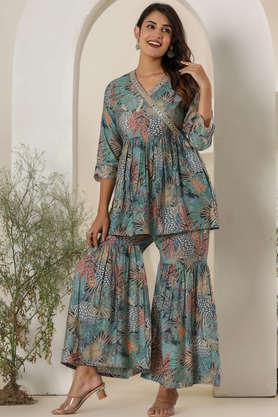 printed above knee silk women's kurta set - blue