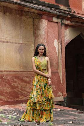 printed above knee silk woven women's ready to wear drape saree with belt - lemon