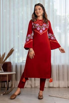 printed acrylic regular fit women's kurta - maroon