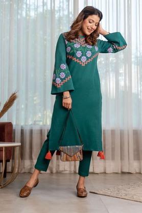 printed acrylic regular fit women's kurta - teal