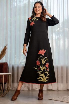 printed acrylic round neck women's ethnic dress - black