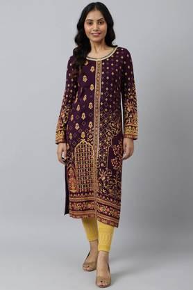 printed acrylic round neck women's kurta - purple