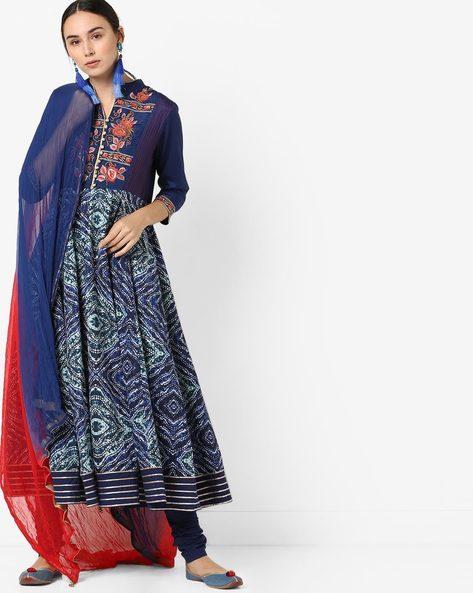 printed anarkali kurta suit with embroidered bodice