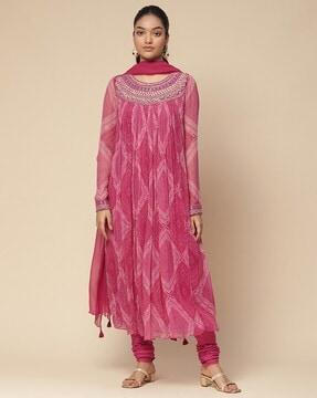 printed anarkali kurta with churidar & dupatta