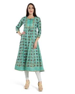 printed anarkali kurta with neck tie-up