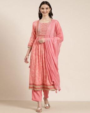 printed anarkali kurta with pants & dupatta