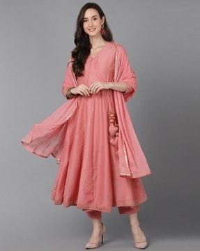 printed anarkali kurta with pants & dupatta