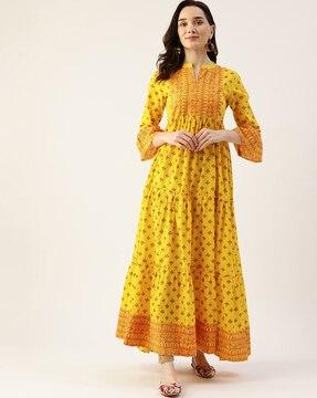 printed anarkali kurta with roll-up sleeves