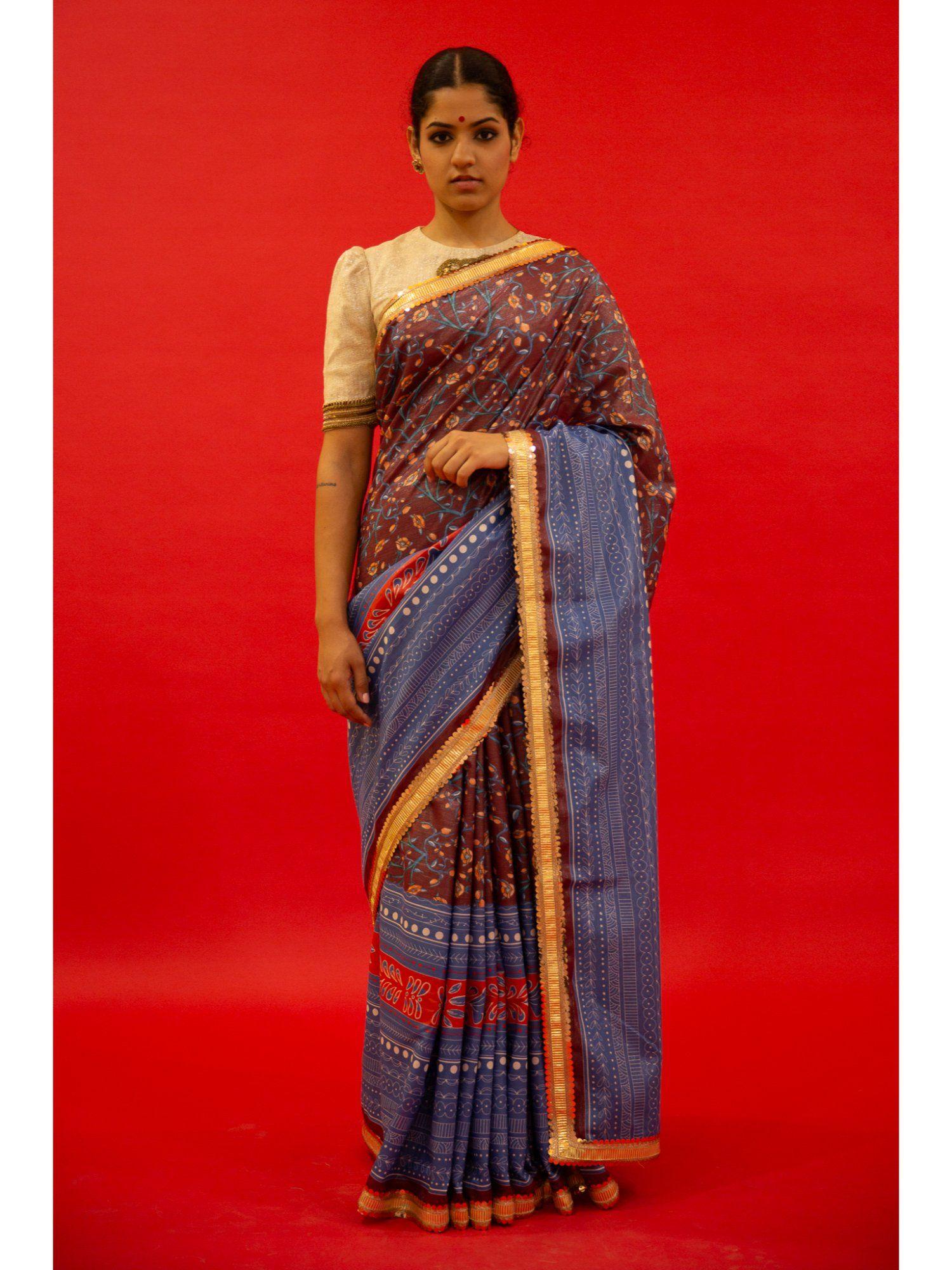 printed and embroidered saree in cotton blouse