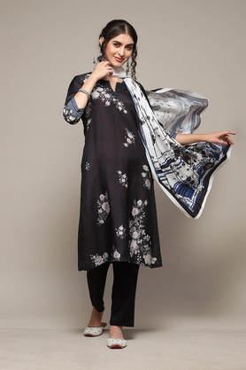 printed ankle length blended woven women's kurta pant dupatta set - black