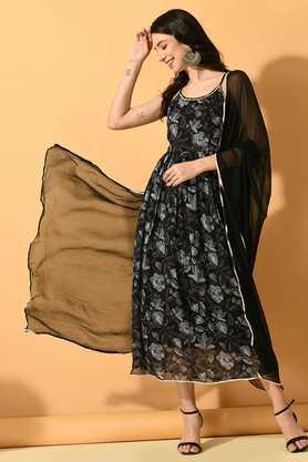 printed ankle length chiffon woven women's kurta set - black