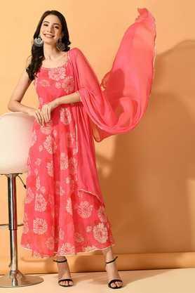 printed ankle length chiffon woven women's kurta set - pink