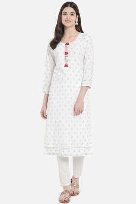 printed ankle length cotton knit women's kurta pant set - white