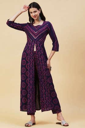 printed ankle length cotton knitted women's kurta set - violet