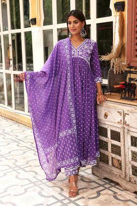 printed ankle length cotton woven women's kurta set - violet