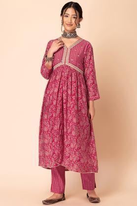printed ankle length muslin woven women's kurta set - pink