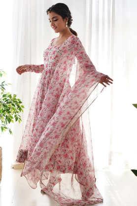 printed ankle length rayon knitted women's kurta set - pink
