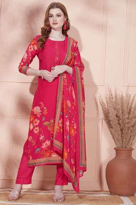 printed ankle length silk blend knitted women's kurta set - fuschia