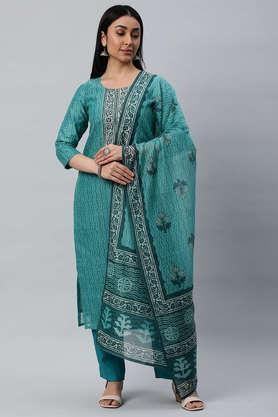 printed ankle length silk woven women's kurta set - blue