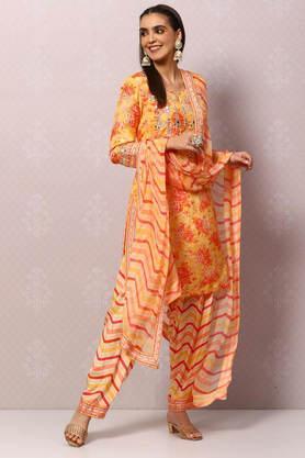 printed ankle length viscose woven women's salwar kurta dupatta set - yellow