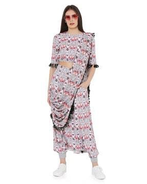 printed art crepe balloon top & low crotch pants with attached art georgette drape dupatta