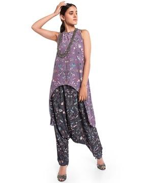 printed art crepe high-low kurta with low crotch pants