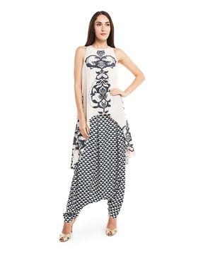 printed art crepe kurta with low crotch pants