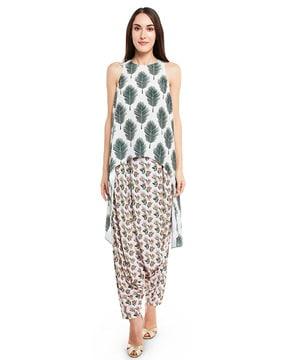 printed art crepe kurta with low crotch pants