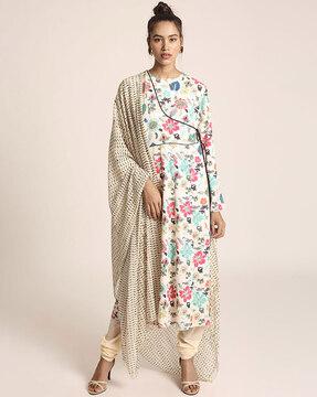 printed art crepe kurta with soft net churidar & art georgette dupatta