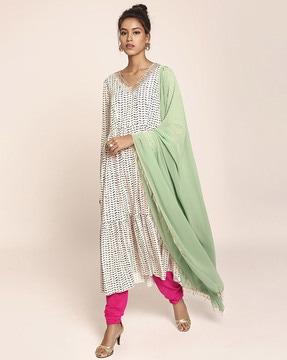 printed art crepe kurta with soft net churidar & georgette dupatta