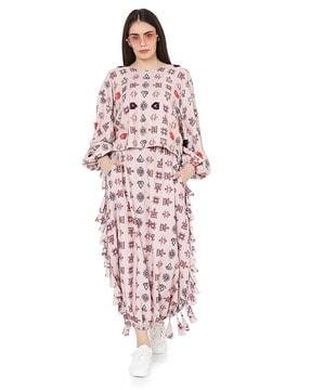 printed art crepe oversized top with balloon skirt