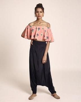 printed art crepe ruffle off-shoulder top with low crotch pants